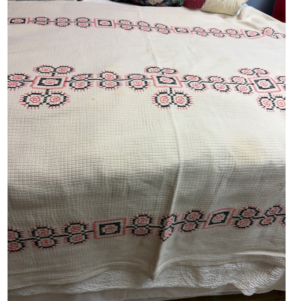 Vintage Hand Embroidered Folk Art Tablecloth Red Black Geometric 68 x 50